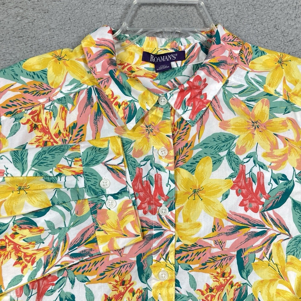 Roamans Women Shirt 22W Long Sleeve Button Blouse Floral Yellow Pink Hawaiian